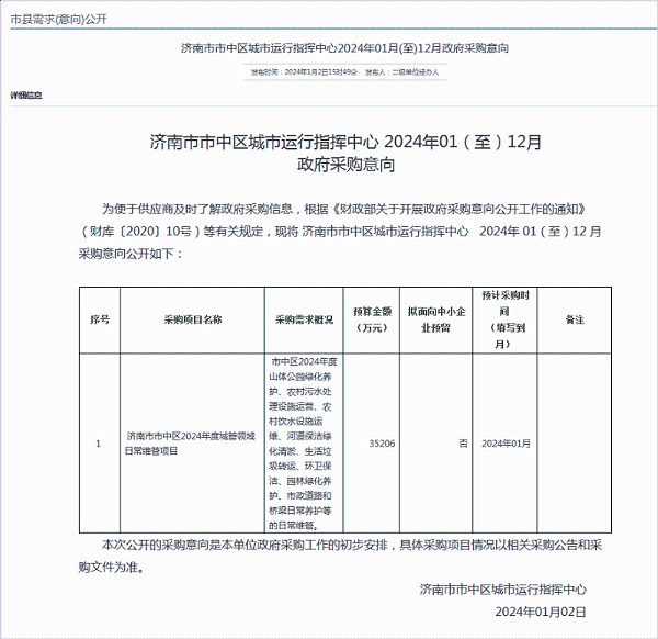 沐鸣娱乐环保：济南市市中区2024年度城管领域日常维管项目