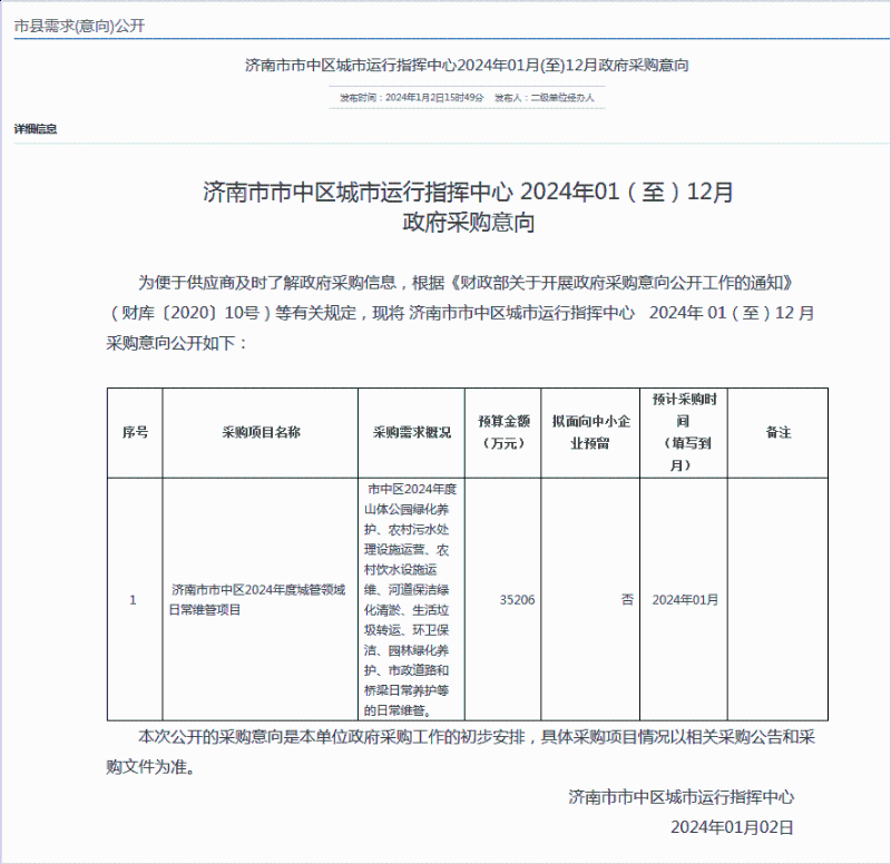 沐鸣娱乐环保：济南市市中区2024年度城管领域日常维管项目